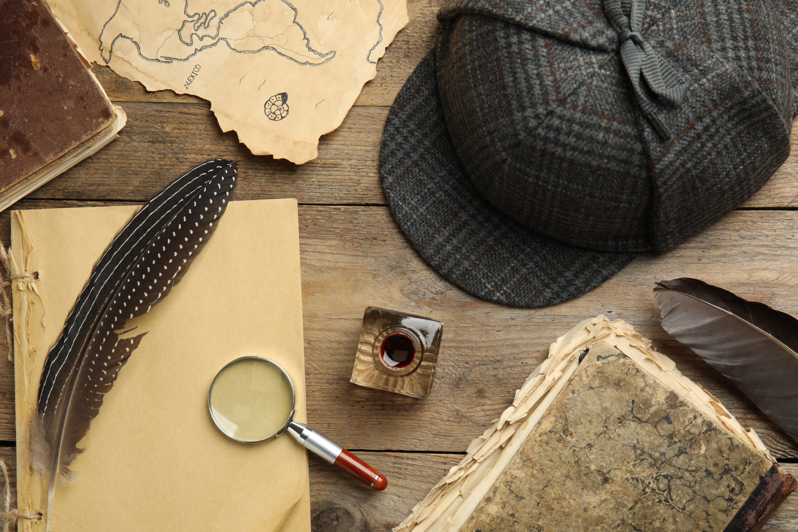 Composition with different vintage items on wooden background. Detective layout