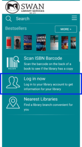 picture of SWAN Library Services homepage allowing search of the catalog, a carousel of Bestsellers, Scan ISBN Barcode, Log in now, and Nearest Libraries