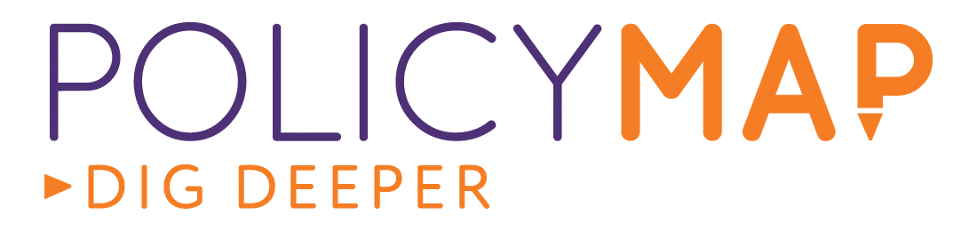 PolicyMap logo in purple and orange with the words Dig Deeper underneath