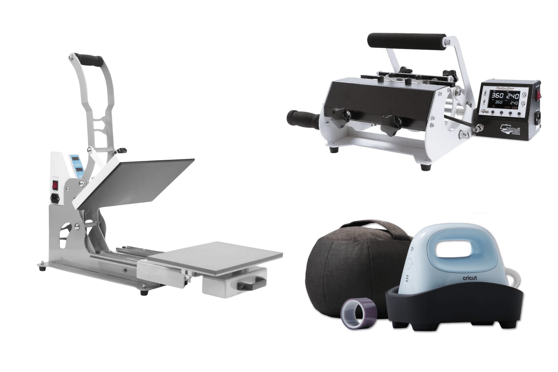 Image shows 3 different heat press crafting tools. A flat press, a mug press, and a hat press.